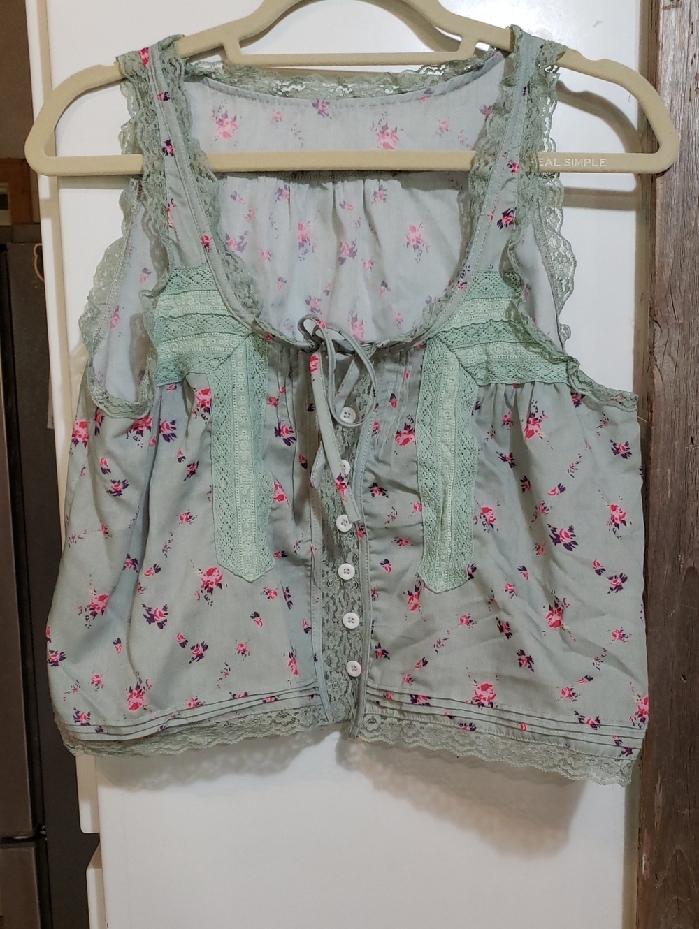 Sage Green Ditsy Floral Print Lace Trim Button Front Crop Top